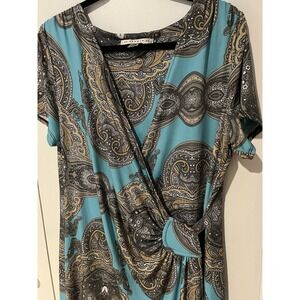 AA Studio AA Dress Womens 16 Teal Paisley Short Sleeve‎ V-Neck Faux Wrap Style